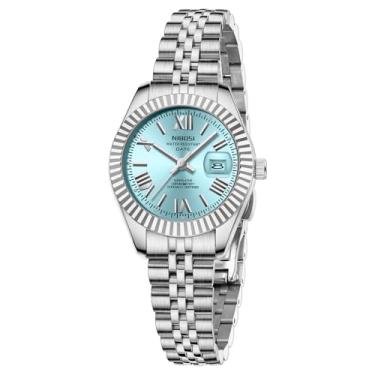 Imagem de NIBOSI Relógios femininos analógicos de quartzo à prova d'água com data, relógio de pulso delicado, moderno, de aço inoxidável, para pulsos pequenos, vestido feminino elegante, Prateado, azul
