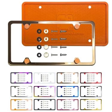 Imagem de Protetor traseiro de silicone quatro furos moldura fina de placa de licença espelho ouro rosa galvanoplastia galvanização universal de alumínio parafuso na tampa, aço inoxidável T304, à prova de ferrugem à prova de intempéries (quantidade: 1 moldura)