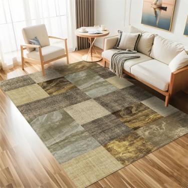 Imagem de Tapetes de área modernos laváveis 5 × 7, geométrico, abstrato, alto tráfego, neutro, antiderrapante, grande carpete para sala de estar, quarto, sala de jantar, casa de fazenda, amarelo brilhante