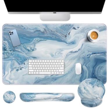 Imagem de Arttown Tapete de mesa gradiente azul branco abstrato oceano conjunto de mouse pad 4 em 1 design ergonômico grande mousepad teclado descanso de pulso descanso de pulso mouse porta-copos adequado para