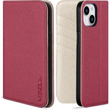 Imagem de VISOUL Capa de couro granulado para iPhone 14 Plus, carteira de couro real com suporte para cartão, capa flip magnética compatível com iPhone 14 Plus (6,7 polegadas) - vermelho + branco
