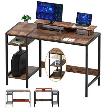 Imagem de MINOSYS Mesa de jogos/computador – Mesa pequena de escritório doméstico de 119 cm com suporte para monitor, mesa de escrita rústica para 2 monitores, espaço de armazenamento ajustável, mesa de canto