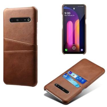 Imagem de Capas Compatível com LG V60,Caso de couro PU-Tampa de telefone a prova de choque com 2 slots de cartão,Proteção anti-impressão digital e anti-gota-Brown