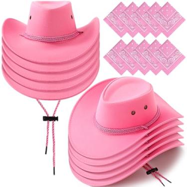 Imagem de Coume Conjunto de 10 chapéus de cowboy e bandana para mulheres e homens, 10 chapéus de caubói de feltro, 10 bandanas ocidentais para festa à fantasia de adultos (rosa, estilo elegante)