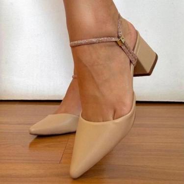 Imagem de Scarpin Feminino Bico Fino Salto Grosso 5cm Ajustável Strass Sola em G