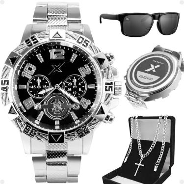 Imagem de Relogio Masculino Aço + Oculos Sol + Cordão Cruz Inoxidável Pesado Cruz Casual Social Ponteiro Preto