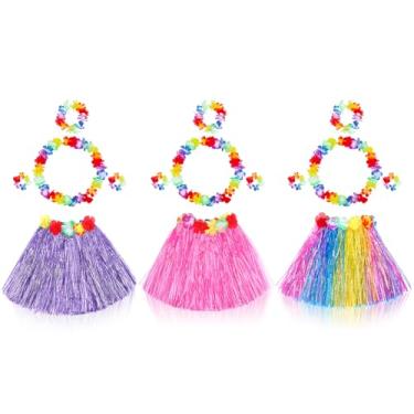 Imagem de Fortuning's JDS 3 Conjuntos De Saia Elástica Grama Para Dança Havaiana Hula Com Fantasia Flor Festa Praia Tropical Luau