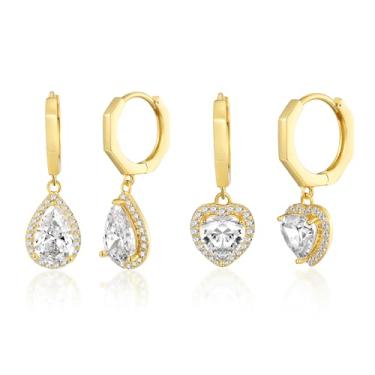 Imagem de MDFUN Brincos de argola com pingente de auréola banhado a ouro branco 18 quilates, redondo, princesa, coração, corte em gota, zircônia cúbica transparente para mulheres, Ouro amarelo, Zircônia cúbica