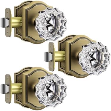 Imagem de MAXECURITY Pacote com 3 maçanetas de porta de vidro, maçanetas de porta de cristal em forma de roseta com fechadura, maçanetas de porta de latão antigo, vidro interior