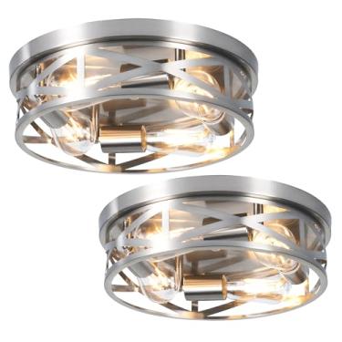 Imagem de WYNEYET Luzes de teto próximas de 33 cm, pacote com 2 luminárias de teto de níquel escovado, gaiola de metal moderna de 4 luzes internas para cozinha, corredor, quarto, sala de estar