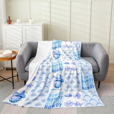 Imagem de Cobertor de flanela infantil vaqueira, nó de borboleta, chapéu de caubói, bolas de discoteca, cobertor de cama para meninas e mulheres, cobertor de lã com remendo de grades geométricas, cobertor