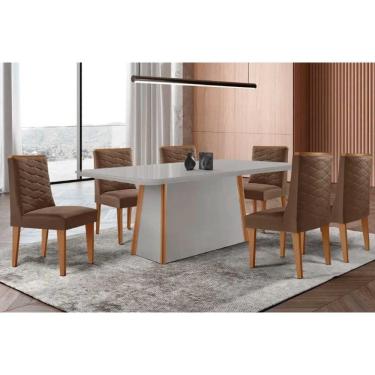 Imagem de Conjunto Sala de Jantar Tilia c/ Tampo Madeirado c/ Vidro Canto Curvo 180x90cm e 6 Cadeiras Dafne Madeira Maciça Naturale/Off White - Capuccino/Suede 