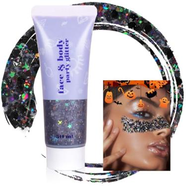 Imagem de Boko Gel de glitter corporal de 50 ml, gel preto com glitter grosso de Halloween para maquiagem com brilho facial, palhaço de bruxa, glitter, sereia, lantejoulas para Halloween, concerto, festa