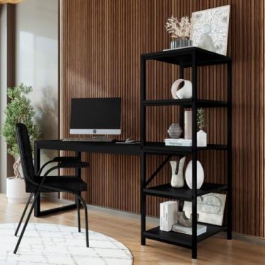 Imagem de Escrivaninha Home Office com Estante Lateral Estilo Industrial Estrutura Ferro e Tampo MDF (Preto)