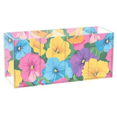 Imagem de Porta-lápis de acrílico para mesa, primavera, verão, flores coloridas, floral, transparente, porta-lápis, copo com 4 compartimentos, suporte de pincéis de maquiagem, organizador de canetas de