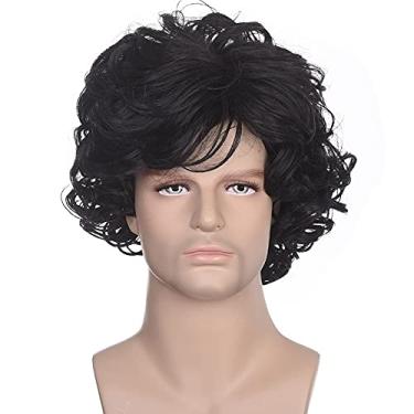 Imagem de AMZCOS Peruca masculina curta preta encaracolada anime cosplay perucas de cabelo sintético para adultos fantasia festa de Halloween