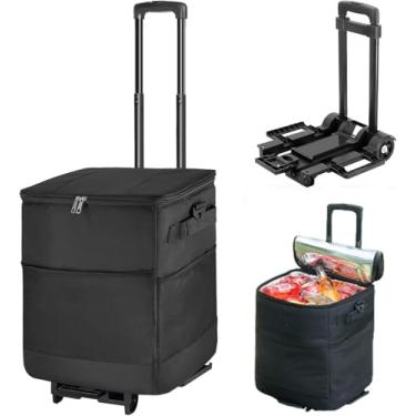 Imagem de Cooler dobrável grande de 40 L, bolsa térmica macia preta com rodas e alça, carrinho dobrável pequeno preto para praia, acampamento, pátio, viagem, ao ar livre, pedidos de comida quente