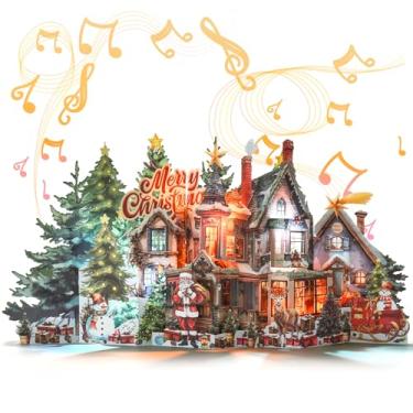 Imagem de TIKLANA Cartão de Natal Pop Up, design animado de casa 3D, cartão gigante de papel jumbo com música e luzes, cartão de presentes de Natal musical para amigos família - sanfona dobrável Villa de Natal
