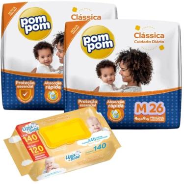 Imagem de Kit 02 Pacotes Fraldas Descartáveis PomPom P M G XG + 140 Lenços Toalhas Umedecidos para Bebê UPA (Médio)
