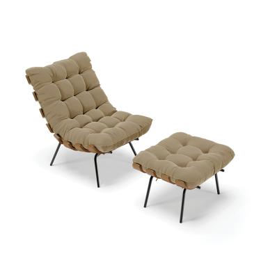 Imagem de Kit 01 Poltrona e 01 Puff Costela Suede Marrom Rato Base Metálica Preto - D'Rossi