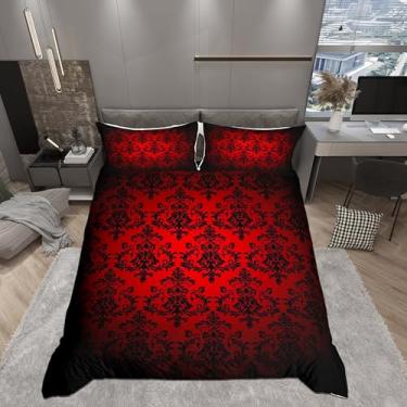 Imagem de Conjunto de capa de edredom damasco vermelho preto tamanho casal, capa de colcha reversível barroca vitoriana antiga boho com 2 fronhas, conjunto de cama respirável de renda gótica vintage (sem