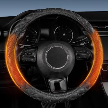 Imagem de Capa de volante aquecida – Aquecedor de roda de carro de couro PU de aquecimento rápido de 12 V, ajuste universal de 36,8 a 39,4 cm para carro, SUV, caminhão, preto
