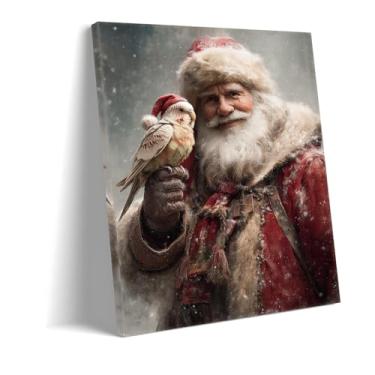 Imagem de Arte de parede caprichosa de Papai Noel e papagaio - Impressão de pintura de decoração de parede de Natal para sala de estar, lareira - Cena festiva de inverno com periquito de estimação em chapéu de