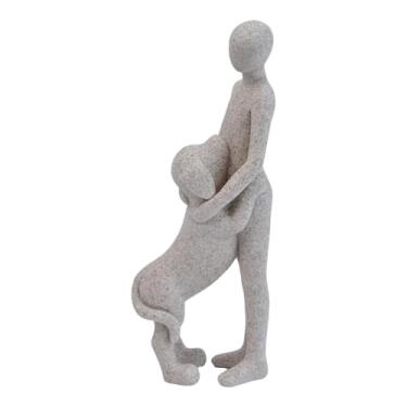 Imagem de Fenteer Estátua de resina de homem e cachorro 2,5x1,7x6,7 polegadas, leve para donos de animais de estimação, escultura de vínculo emocional atencioso, Cinza Claro