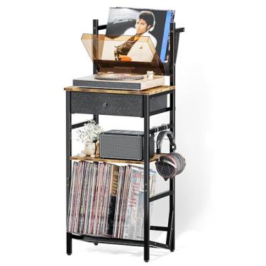 Imagem de HYPIGO Suporte de armazenamento para toca-discos, suporte para toca-discos de vinil, suporte de exibição para 150 álbuns, mesa de canto de 3 camadas com gaveta para sala de estar