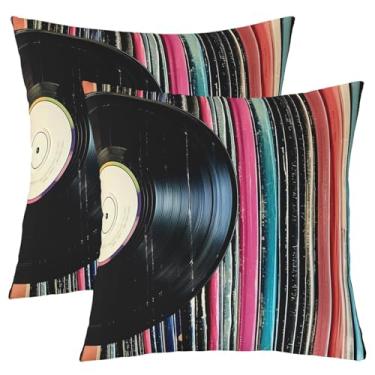 Imagem de jejeloiu Capas de almofada retrô para discos de vinil 83s 45,72 cm x 45,72 cm, conjunto de 2 capas macias para meninas, meninos, crianças, vintage, decoração de quarto, tocador de música, notas
