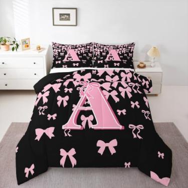 Imagem de jejeloiu Conjunto de edredom infantil com laço fofo, tamanho Queen, letra A, preto, rosa, coquete com laço, edredom para quarto de crianças, meninos, meninas, monograma, estilo princesa sonhadora
