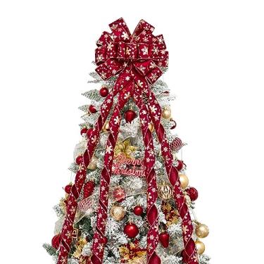 Imagem de Arco de topo de árvore de Natal, 133 x 13 polegadas grande laço de veludo de Natal com flocos de neve dourados, laços de fita decorativos para guirlanda de árvore de Natal decoração de casa festival de porta (vermelho e dourado floco de neve)