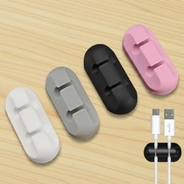 Imagem de Organizador de cabos de mesa com 2 compartimentos, suportes de cabos versáteis, clipes de fio e organizador de cabos para acessórios de mesa de mesa, espaços de escritório, preto, pacote com 4