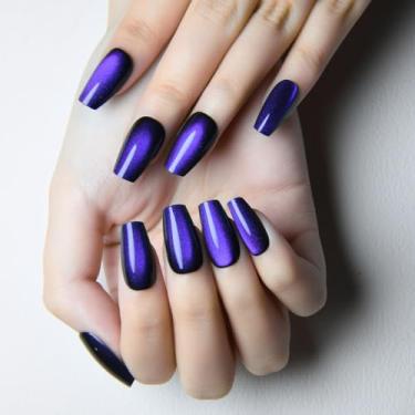 Imagem de Pregos curtos de pressão de caixão, pontas de unhas postiças olho de gato azul real com acabamento brilhante, kit de unhas reutilizáveis com abas adesivas mini lixa de unha, 24 peças