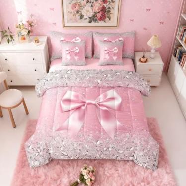 Imagem de Jogo de cama solteiro de 7 peças com laço e laço de fita fofo, conjunto de cama solteiro com laço e laço de princesa, conjunto de cama kawaii geométrico kawaii, decoração rosa