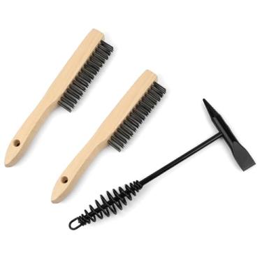 Imagem de Conjunto de 3 martelos de solda e escova de arame – 1 martelo de 28 cm com alça de mola helicoidal, cone e cinzel vertical e 2 peças de escova de aço inoxidável de 25 cm para remoção de escórias