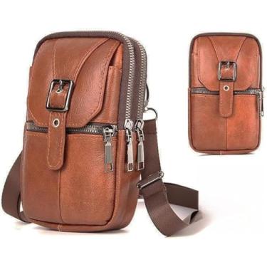 Imagem de Bolsa transversal multifuncional de couro genuíno, bolsa de mão de cor sólida, bolsa tiracolo de ombro único elegante, cor marrom com 4 bolsos