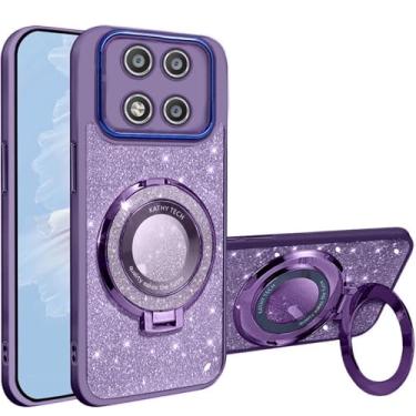 Imagem de HAONANDE Capa com glitter magnético para Xiaomi Redmi Note 14 PRO 5G/14 PRO+ Plus 5G, revestimento luxuoso, bonito, brilhante, suporte, transparente, feminino, meninas, protetor de câmera, roxo