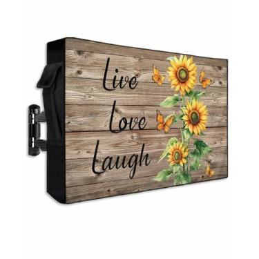 Imagem de DOME-SPACE Girassóis da fazenda na capa de TV externa de madeira para televisões de tela plana externa, Live Love floral em madeira marrom protetor de tela de TV à prova de intempéries com zíper para