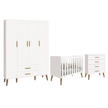 Imagem de Dormitório Infantil Isis Guarda Roupa 4 Portas, Cômoda E Berço Branco - Reller Móveis Branco