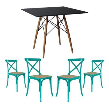 Imagem de Conjunto De Mesa Eiffel Quadrado Tampo De Madeira 90Cm Preto Com 4 Cadeiras Katrina Azul Turquesa