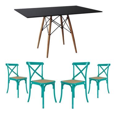 Imagem de Conjunto De Mesa Eiffel Retangular Tampo De Madeira 120X75Cm Preto Com 4 Cadeiras Katrina Azul Turqu