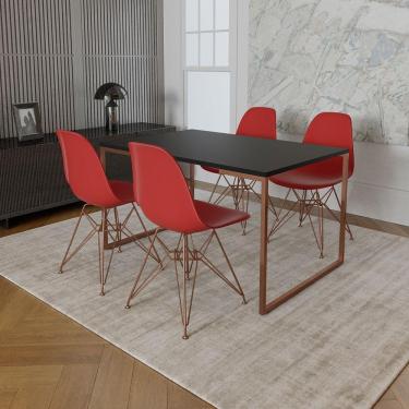 Imagem de Mesa Industrial Base Ferro Cobre Tampo 137X90 Preto 4 Cadeiras Ferro Cobre Assento Vermelho Preto