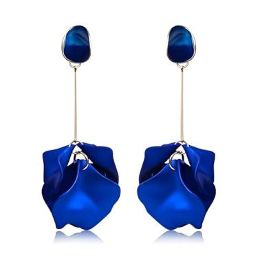 Imagem de Brinco de pétala de rosa longa para mulheres, brinco de folha de flor azul fosco acrílico fosco azul-marinho brincos de pétalas florais, Moderate type, Metal, Sem pedra preciosa