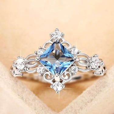 Imagem de Anéis de noivado requintados banhados a ouro branco, losango, azul, zircônia cúbica, anéis de compromisso, festas noturnas, presentes de dia dos namorados, alianças de eternidade para mulheres, 7