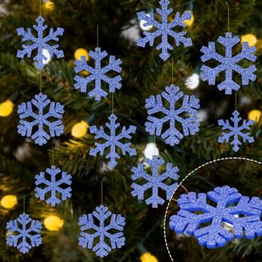 Imagem de Oeyliz Enfeites de flocos de neve de Natal, 12 peças, floco de neve de feltro com glitter para ambientes internos e externos, árvore de Natal azul