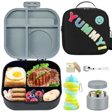 Imagem de Lancheira infantil Bento com garrafa térmica de sopa de 340 g, recipiente de comida à prova de vazamento para almoço infantil com 4 compartimentos, lancheira isolada e copo de água para meninas e