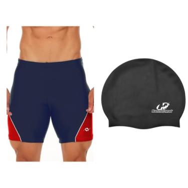 Imagem de Kit Bermuda Natação Hidroginástica E Touca De Silicone Impermeável (Marinho/Vermelho - Touca Preta, XGG)