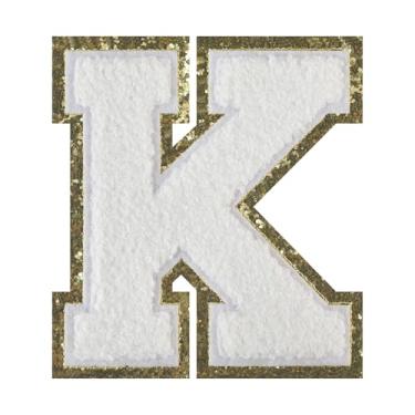 Imagem de 1 PÇ Patch de letra de chenille de ferro branco de 11,4 cm com borda dourada – Remendos do alfabeto para roupas, jaquetas, mochilas, chapéus para decoração personalizada, nome personalizado e