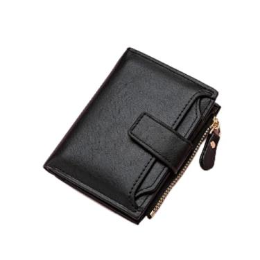 Imagem de Carteira pequena feminina de couro macio com bloqueio de RFID, duas dobras, porta-cartões, para mulheres, com zíper, bolso para moedas, 4 janelas para identidade, Preto, Carteira pequena